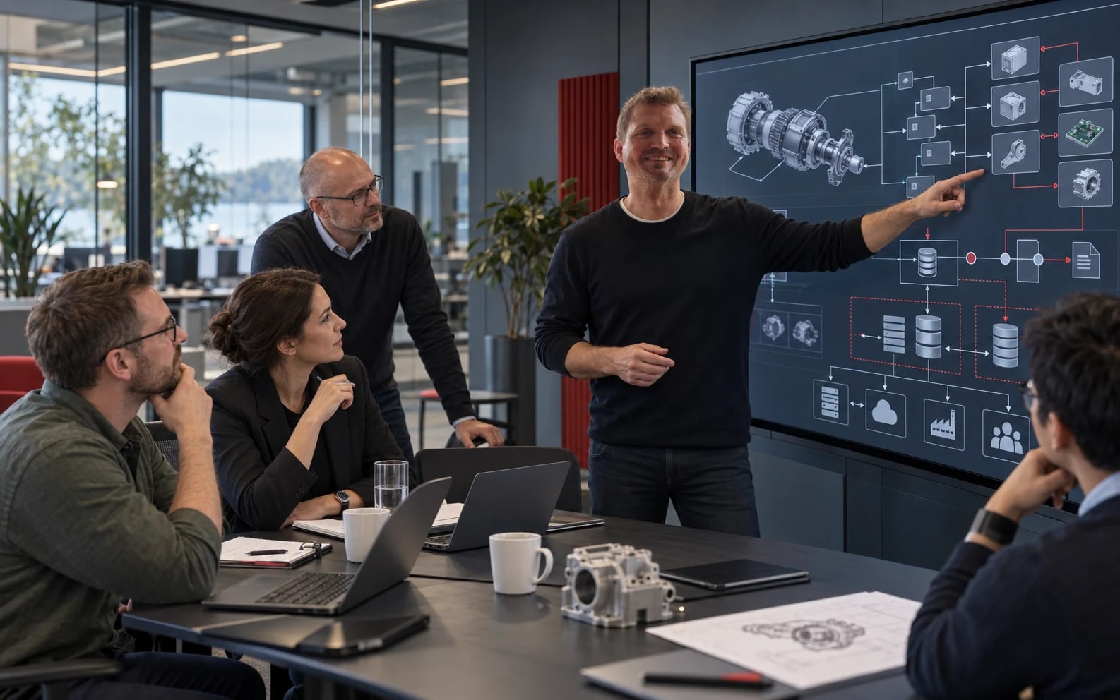 Christoffer leder et PLM-arkitekturreview med et engineeringteam foran en sammenhængende produkt- og systemmodel